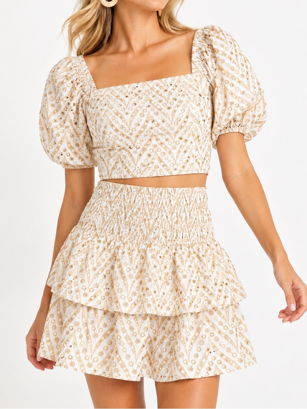 Lilly Pulitzer Set Yara Eyelet Sand Bar Gold Metallic Skirt Top Size 2
